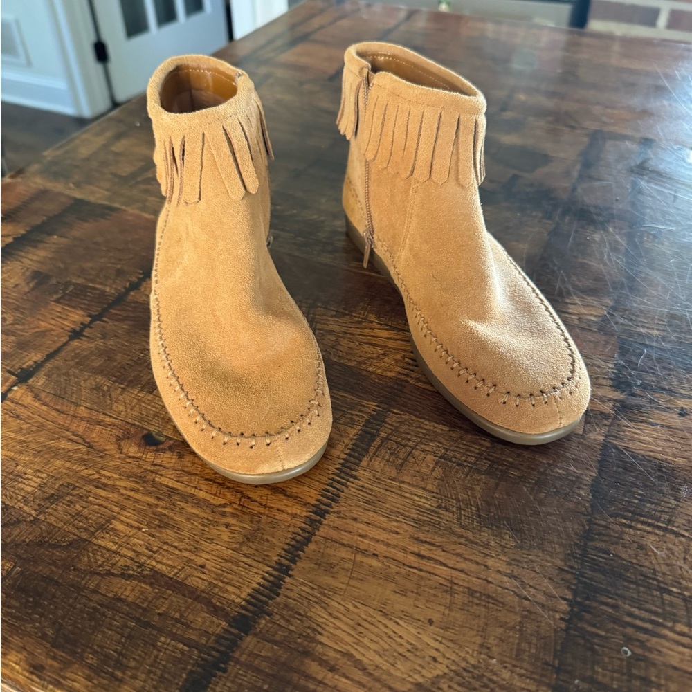 AEROSOLES Tan Suede Ankle Booties with Fringe
